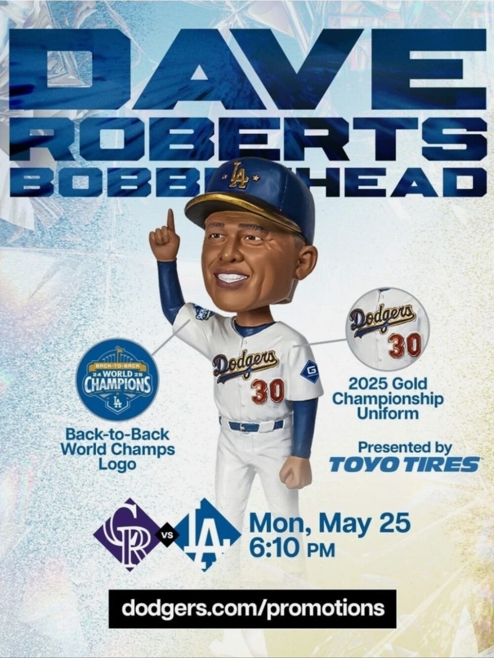 Dodgers Dave Roberts Bobblehead Sga 5/25/26 World Champions - Picture 7 of 7